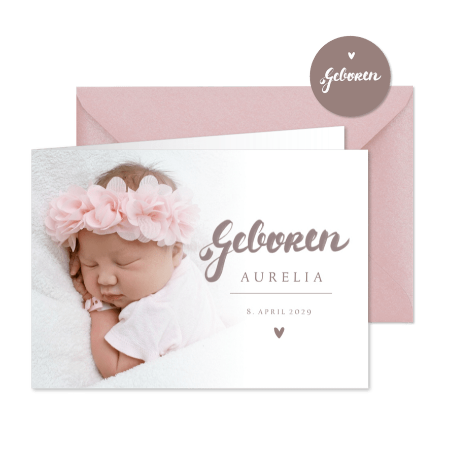 Geburtskarte rosébraune Handschrift & Foto - Karteneindruck