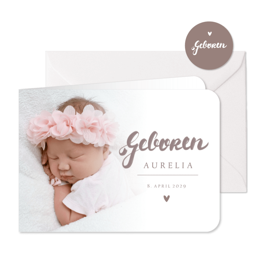 Geburtskarte rosébraune Handschrift & Foto - Karteneindruck
