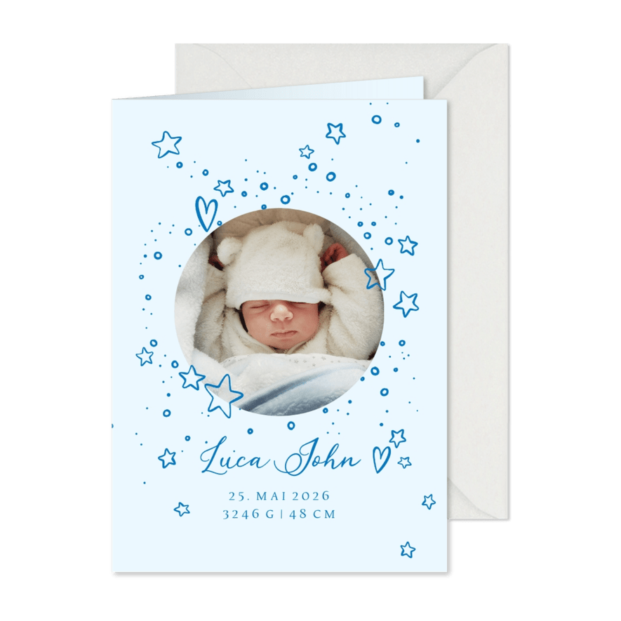 Geburtskarte rundes Foto und Sterne blau - Karteneindruck
