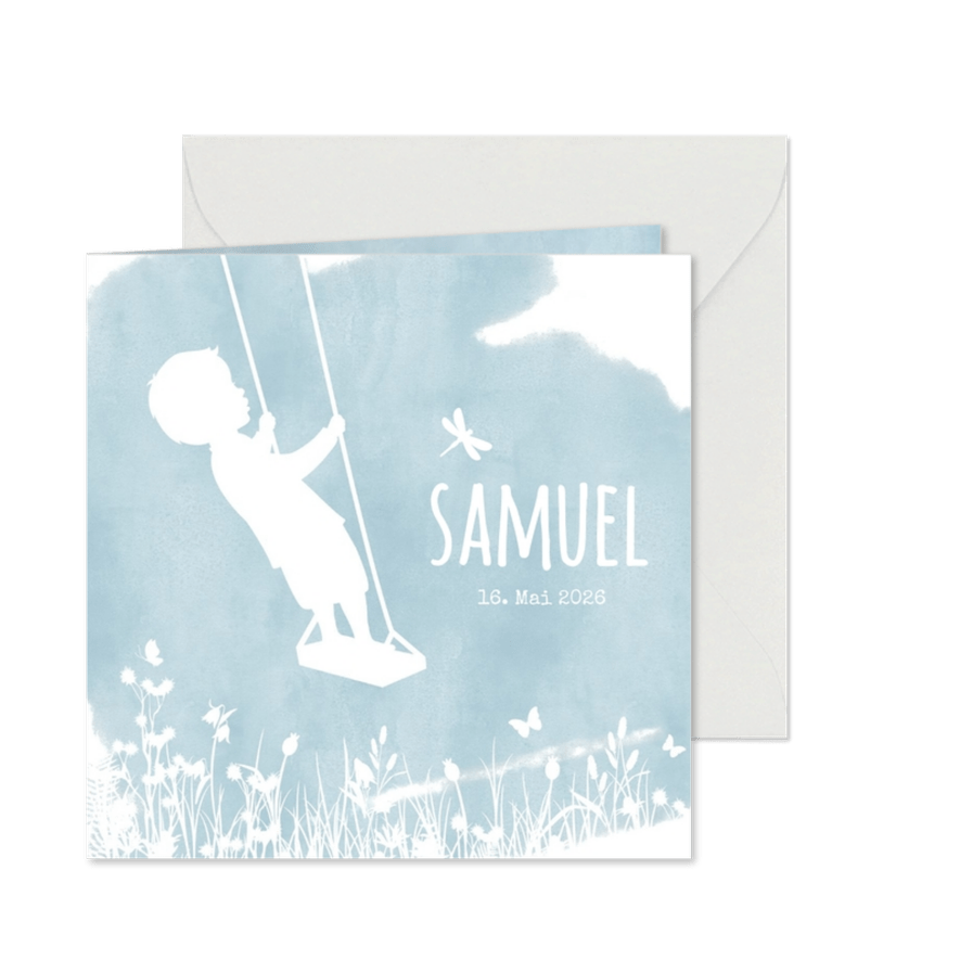 Geburtskarte Scherenschnitt Junge auf Schaukel - Karteneindruck