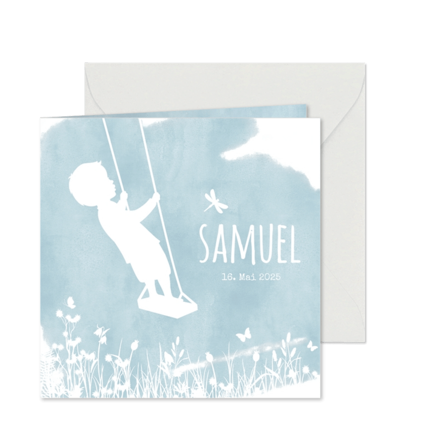 Geburtskarte Scherenschnitt Junge auf Schaukel - Karteneindruck