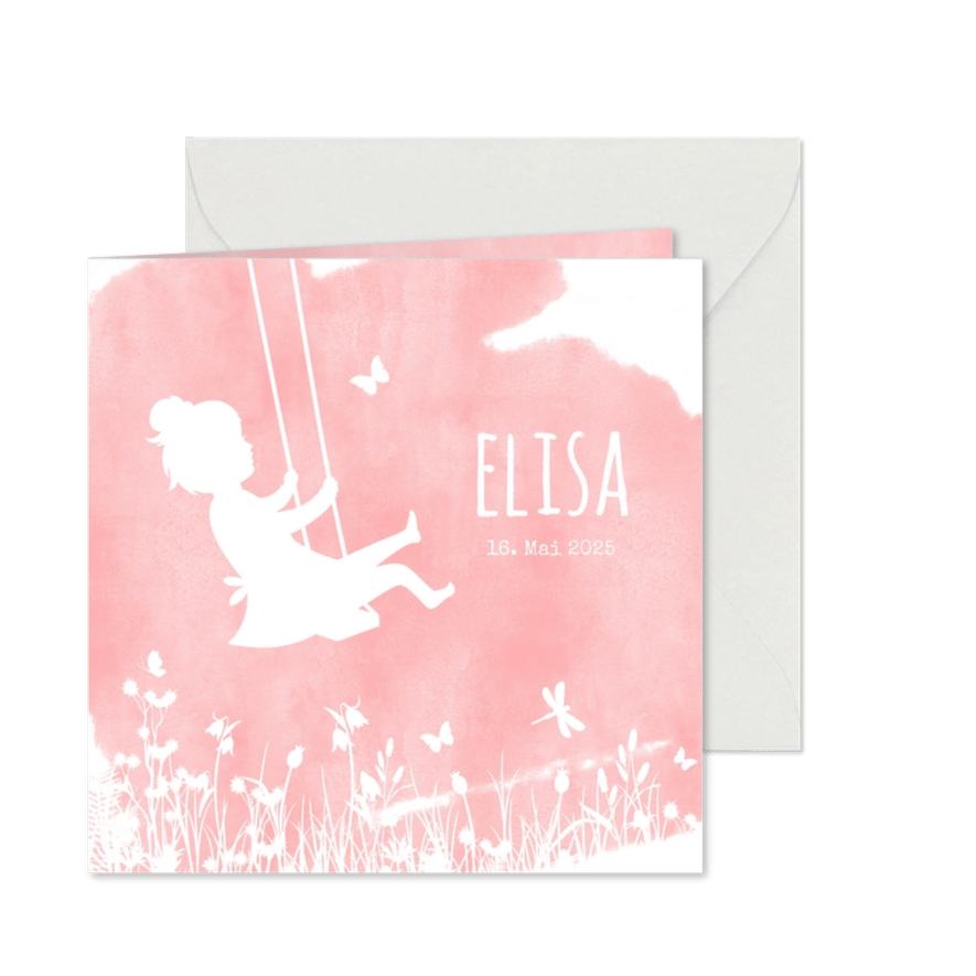 Geburtskarte Scherenschnitt Mädchen auf Schaukel - Karteneindruck