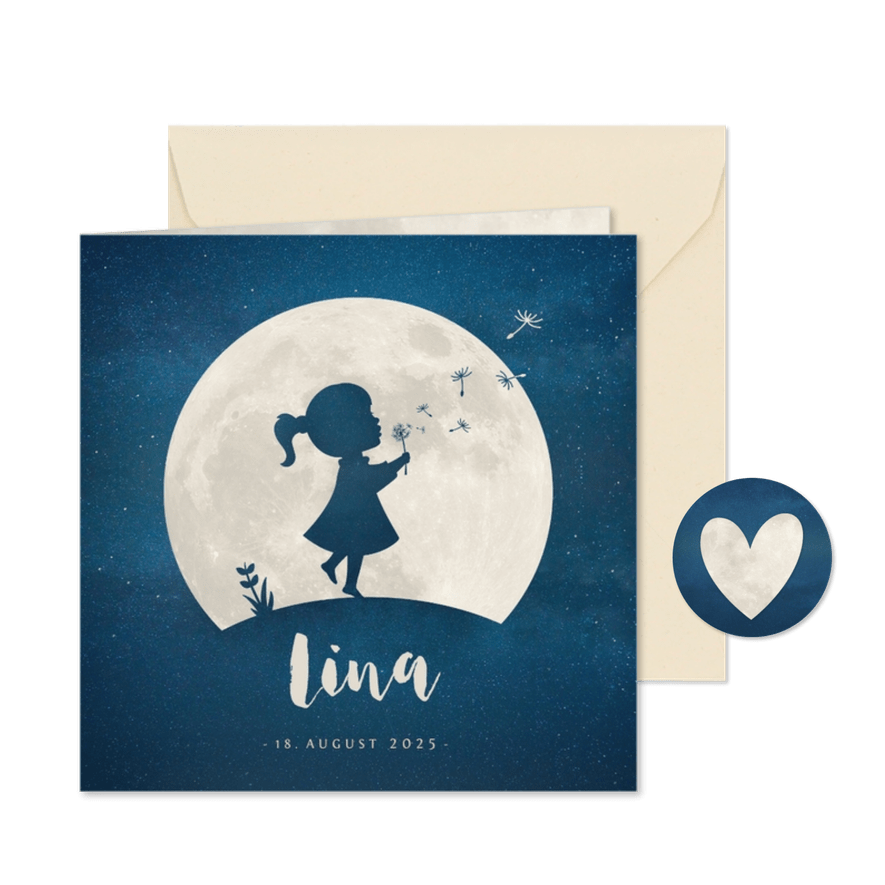 Geburtskarte Silhouette Mädchen, Mond & Sternenhimmel - Karteneindruck