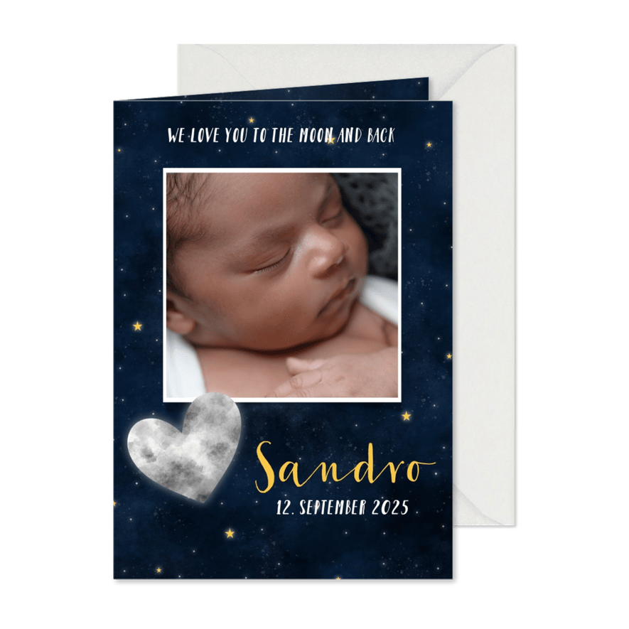 Geburtskarte Sternenhimmel mit Foto und Herz - Karteneindruck