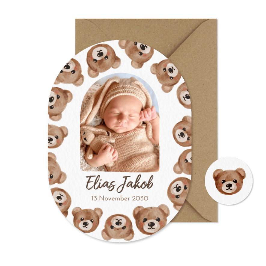 Geburtskarte Teddybären Foto Oval Aquarelloptik - Kartenvorschau
