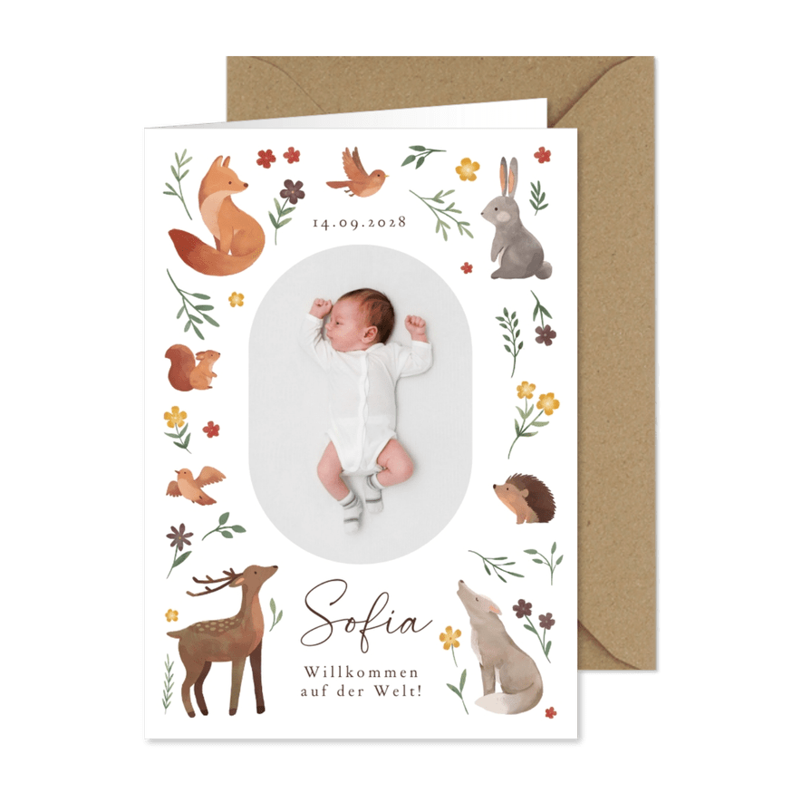 Geburtskarte Waldtiere & Foto - Karteneindruck
