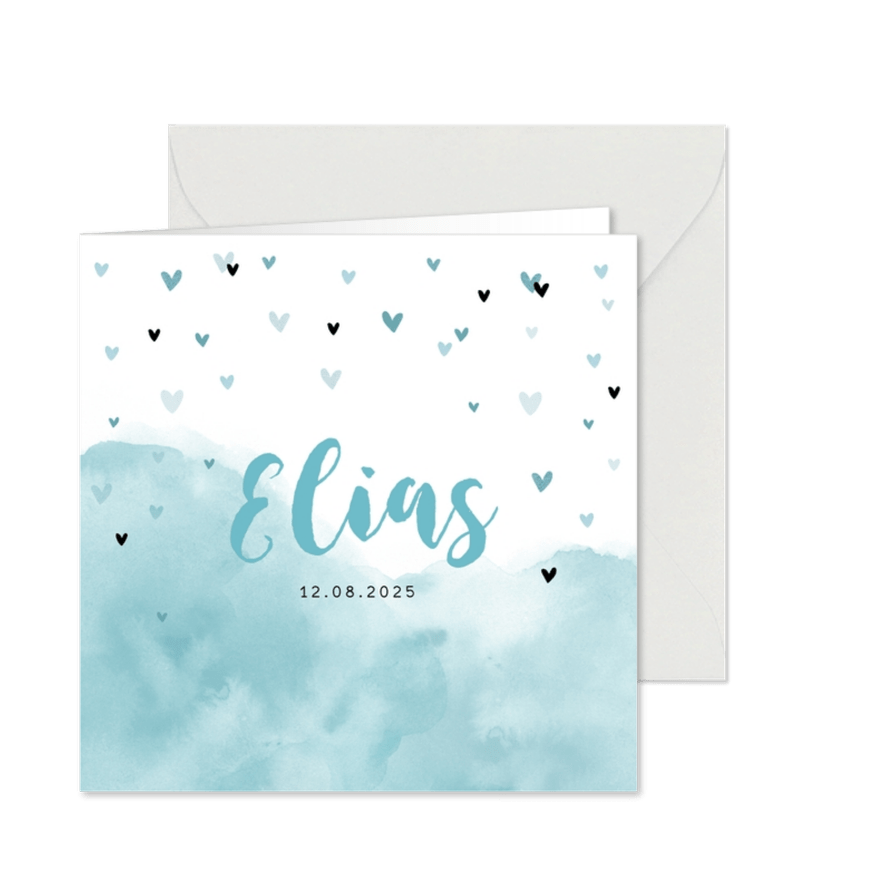 Geburtskarte Wasserfarbe & Herzen blau Foto innen - Karteneindruck
