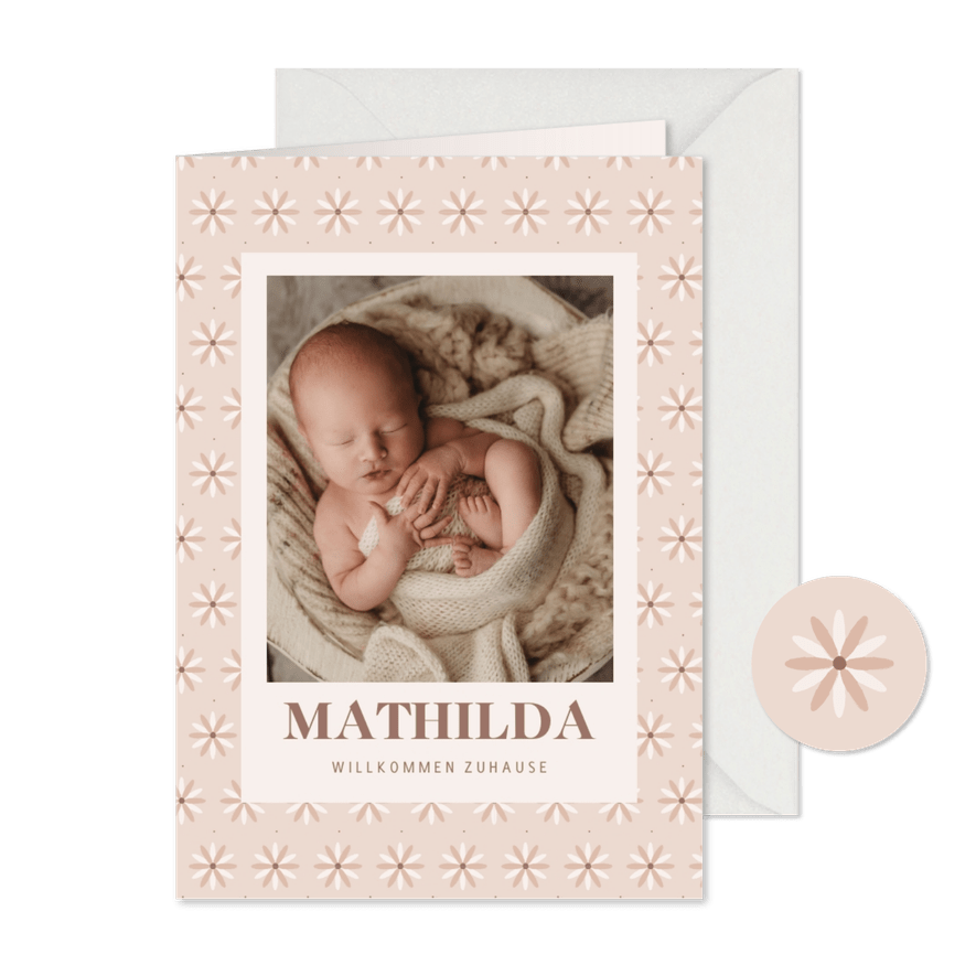 Geburtskarte zur Adoption beige Sternblumen & Fotos - Karteneindruck