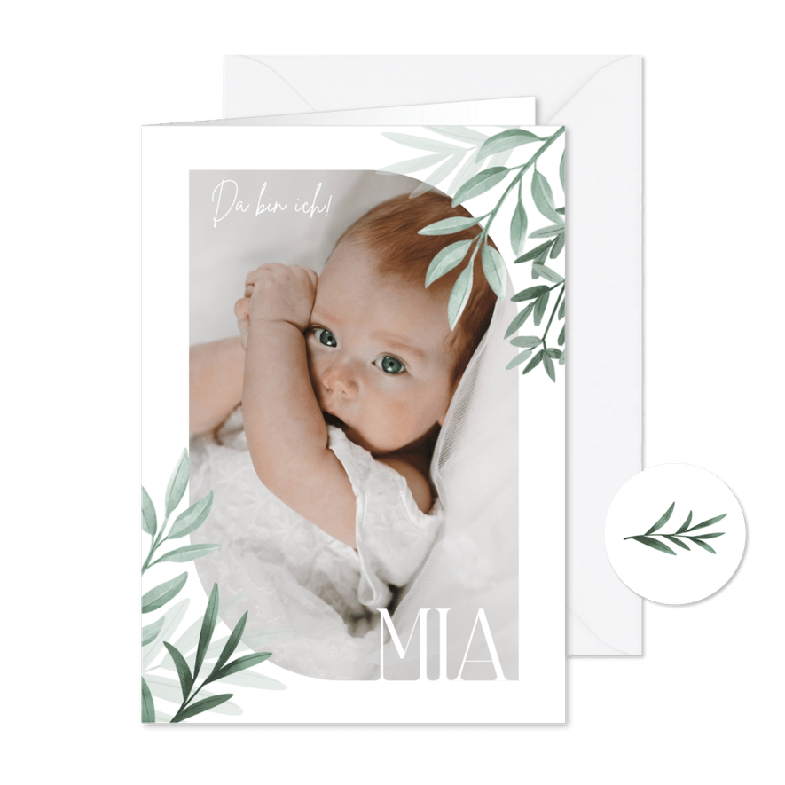 Geburtskarte Zweige und Foto grafisch - Karteneindruck