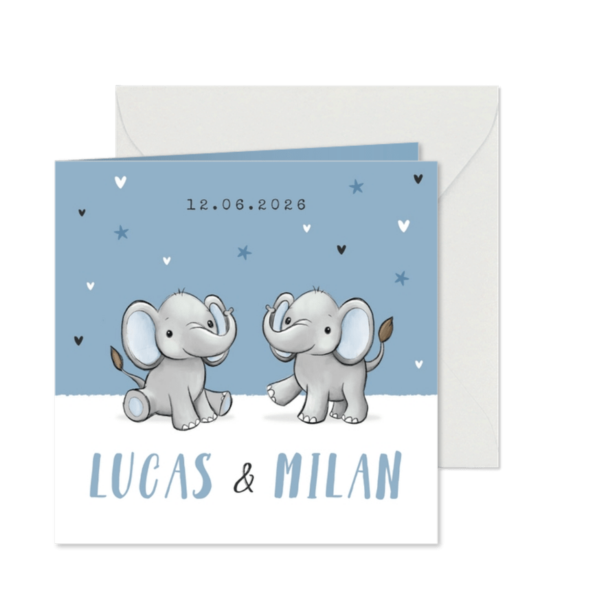 Geburtskarte Zwilling Elefanten blau - Karteneindruck
