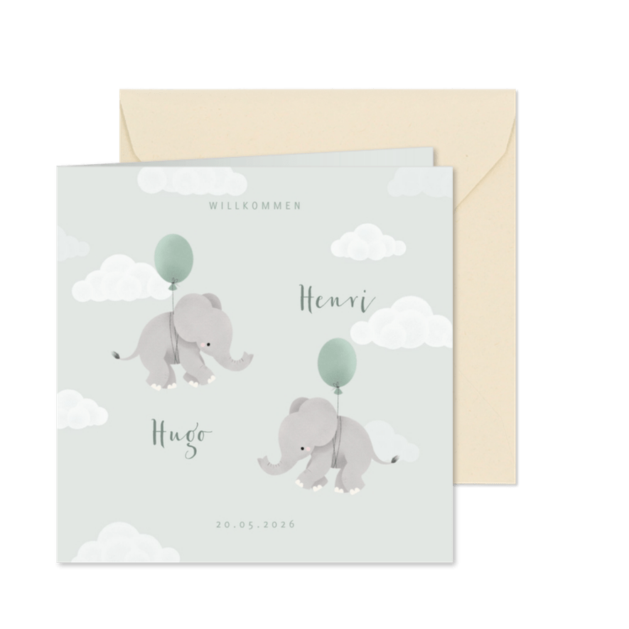 Geburtskarte Zwilling Elefanten, Luftballons & Wolken - Karteneindruck