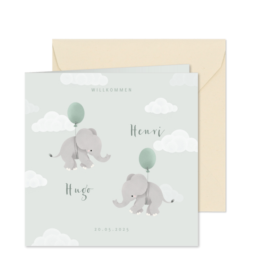 Geburtskarte Zwilling Elefanten, Luftballons & Wolken - Karteneindruck