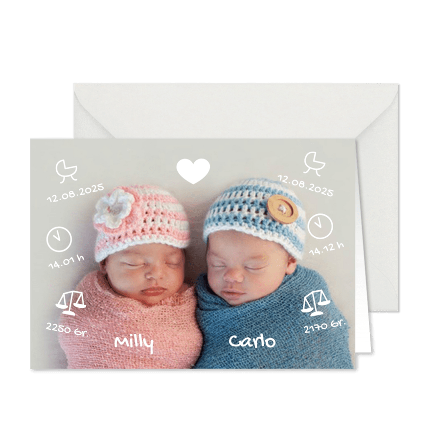 Geburtskarte Zwilling Foto & kleine Symbole - Karteneindruck