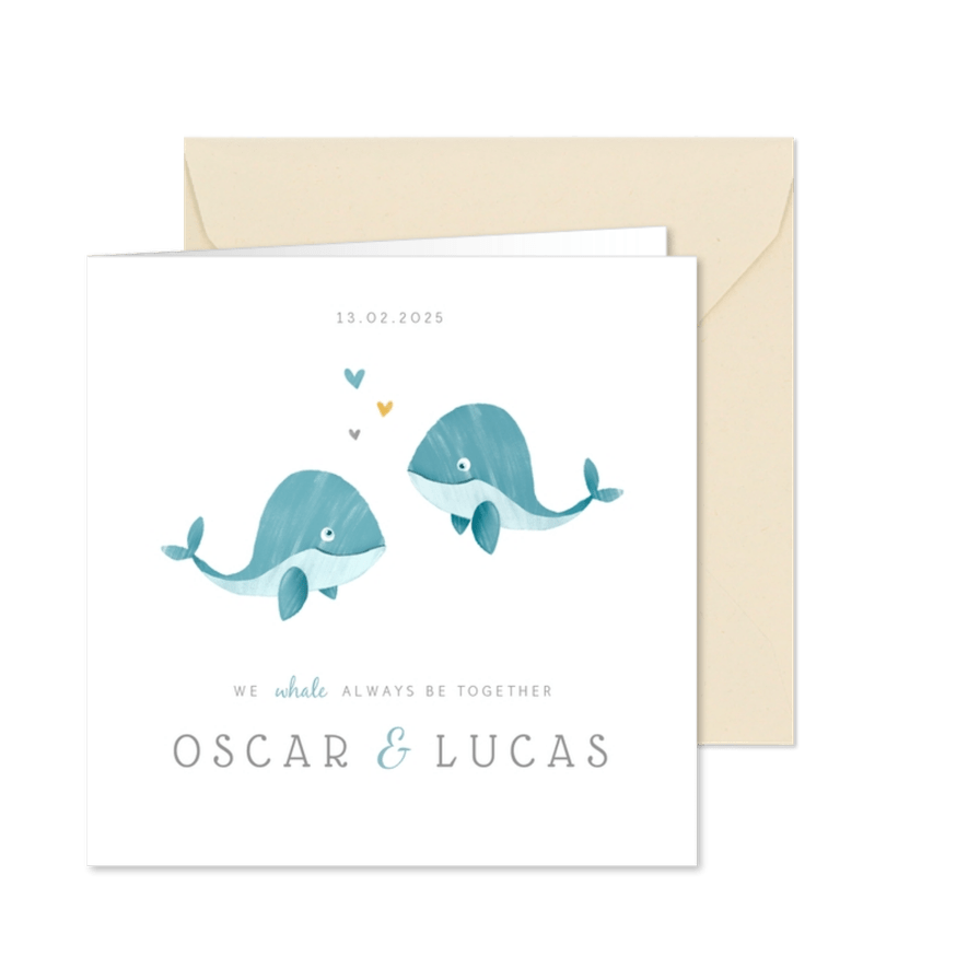 Geburtskarte Zwilling kleine Wale blau - Karteneindruck
