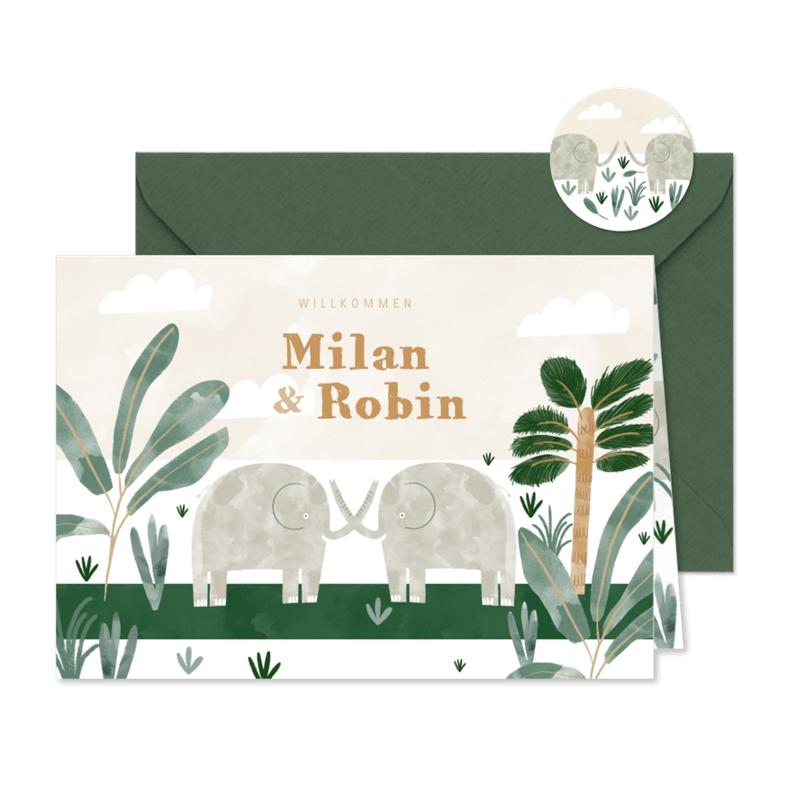 Geburtskarte Zwilling mit Elefanten, Wolken und Pflanzen - Karteneindruck
