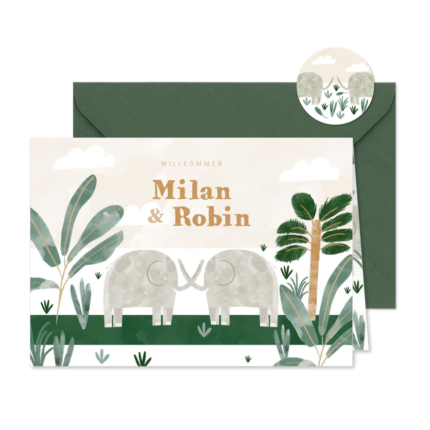 Geburtskarte Zwilling mit Elefanten, Wolken und Pflanzen - Karteneindruck
