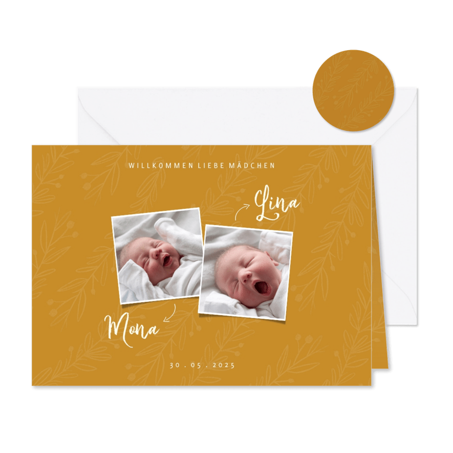 Geburtskarte Zwilling ocker botanisch mit Fotos - Karteneindruck

