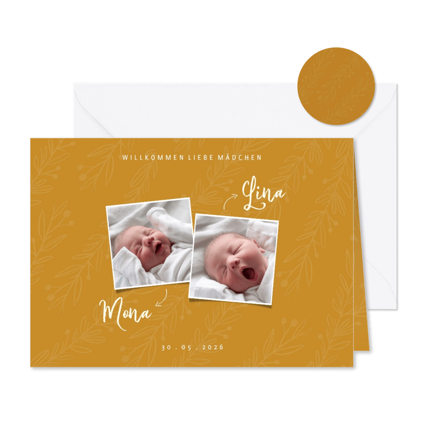 Geburtskarte Zwilling ocker botanisch mit Fotos - Karteneindruck
