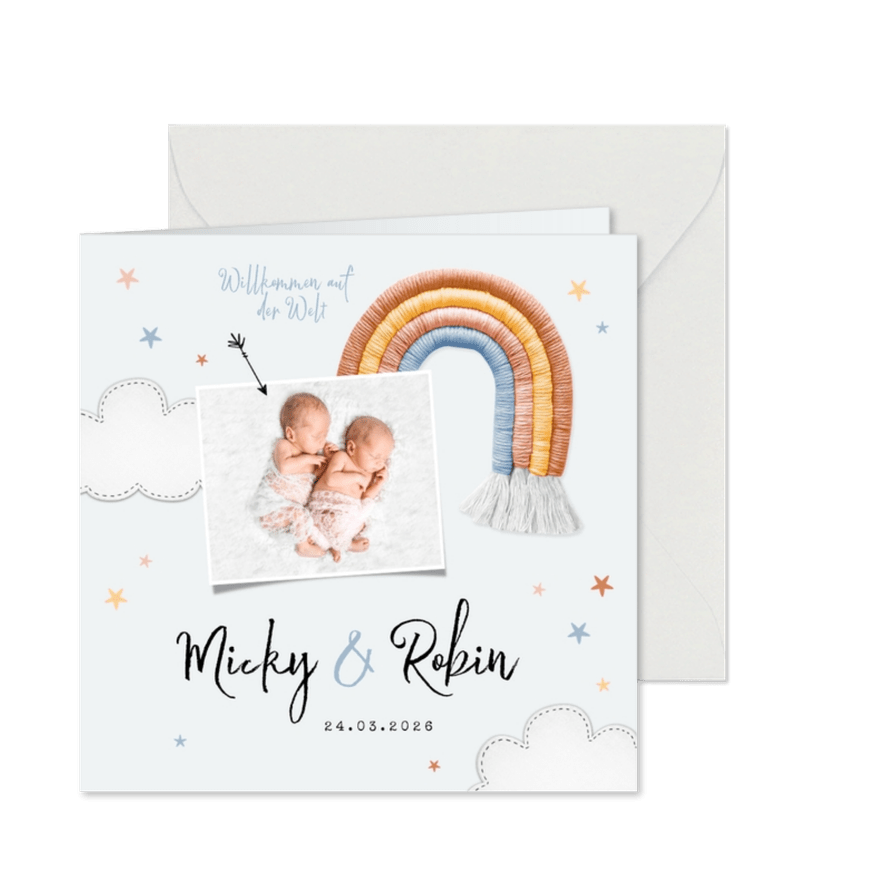 Geburtskarte Zwilling Stoffregenbogen, Wolken, Sterne & Foto - Karteneindruck
