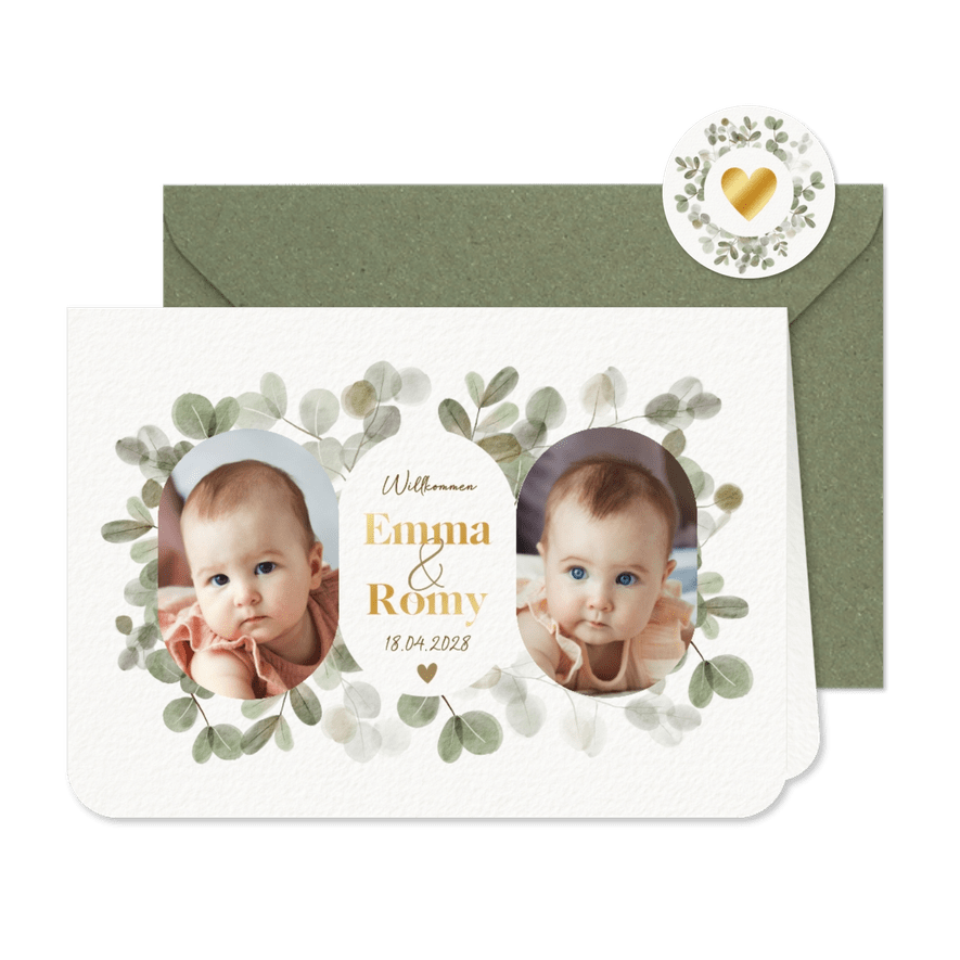 Geburtskarte Zwillinge Fotos & Eukalyptus - Karteneindruck
