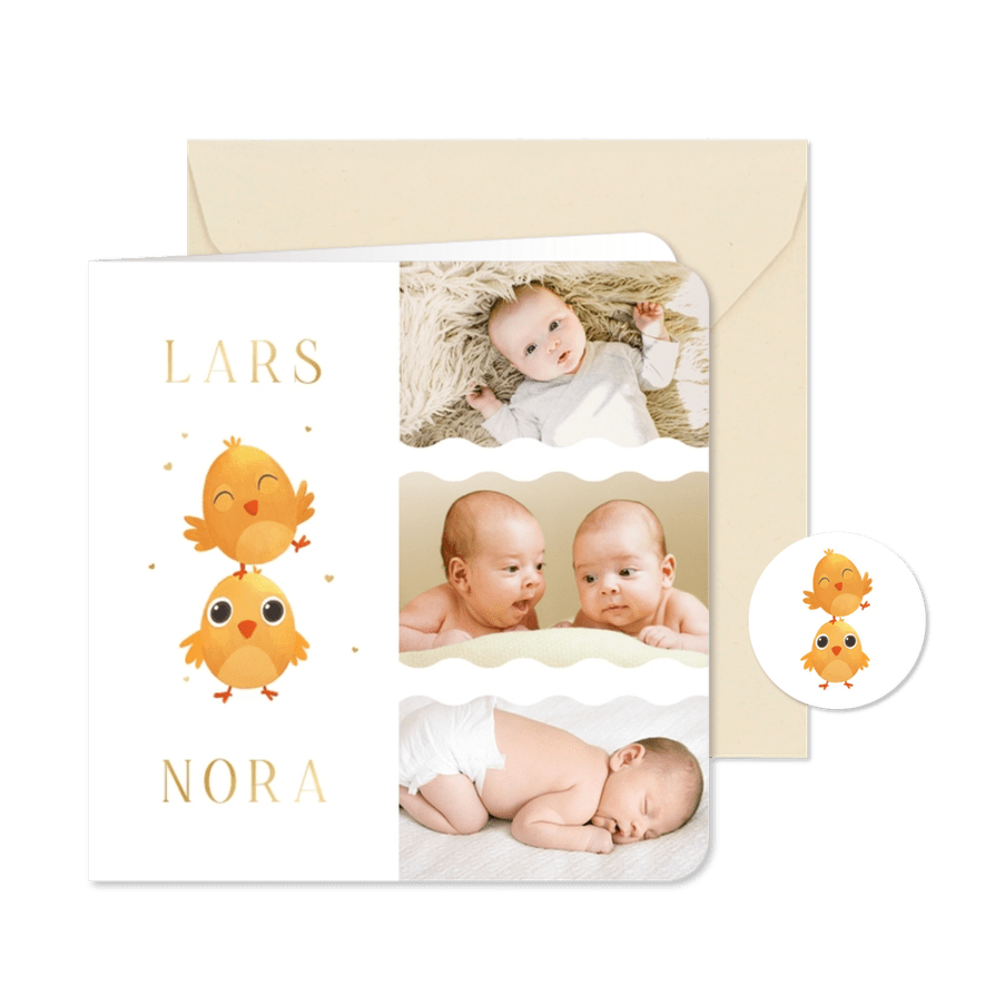 Geburtskarte Zwillinge Küken mit Fotocollage & Golddruck - Karteneindruck
