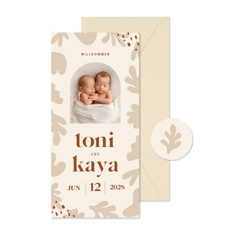 Geburtskarte Zwillinge mit abstrakten Formen & Foto - Karteneindruck