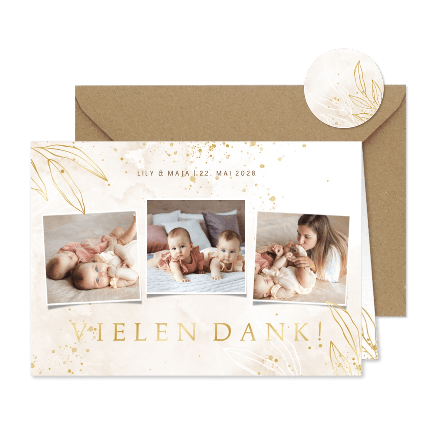 Geburtskarte Zwillinge Pünktchen, Zweige & Fotocollage - Karteneindruck