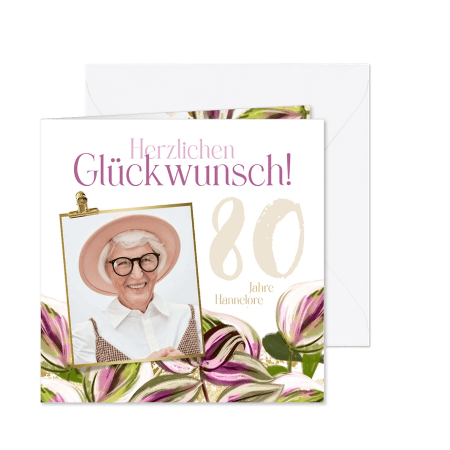 Geburtstags-Glückwunschkarte Foto und Blumen - Karteneindruck