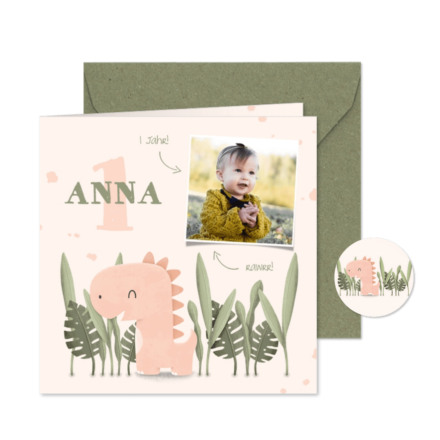 Geburtstagseinladung 1 Jahr Dinosaurier-Mädchen mit Foto - Karteneindruck
