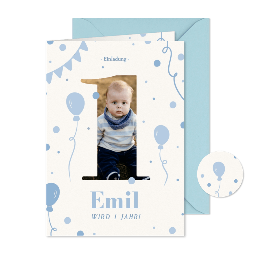 Geburtstagseinladung 1 Jahr Fotokarte Luftballons in Blau - Karteneindruck
