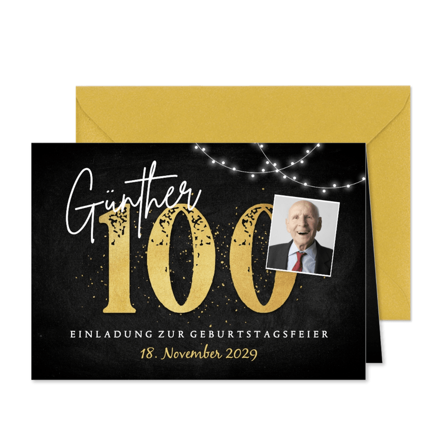 Geburtstagseinladung 100 Jahre Foto und Lichterkette - Karteneindruck