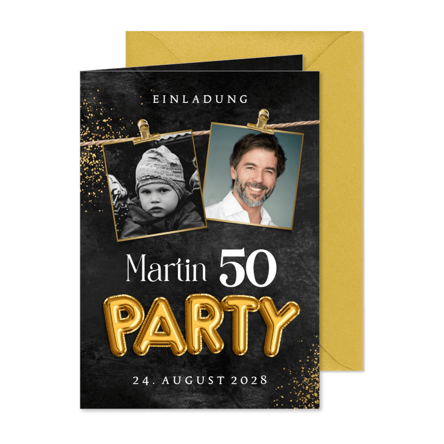 Geburtstagseinladung 50 Fotos & Goldballons - Karteneindruck