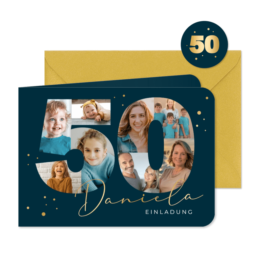 Geburtstagseinladung 50. Geburtstag eigene Fotos - Karteneindruck
