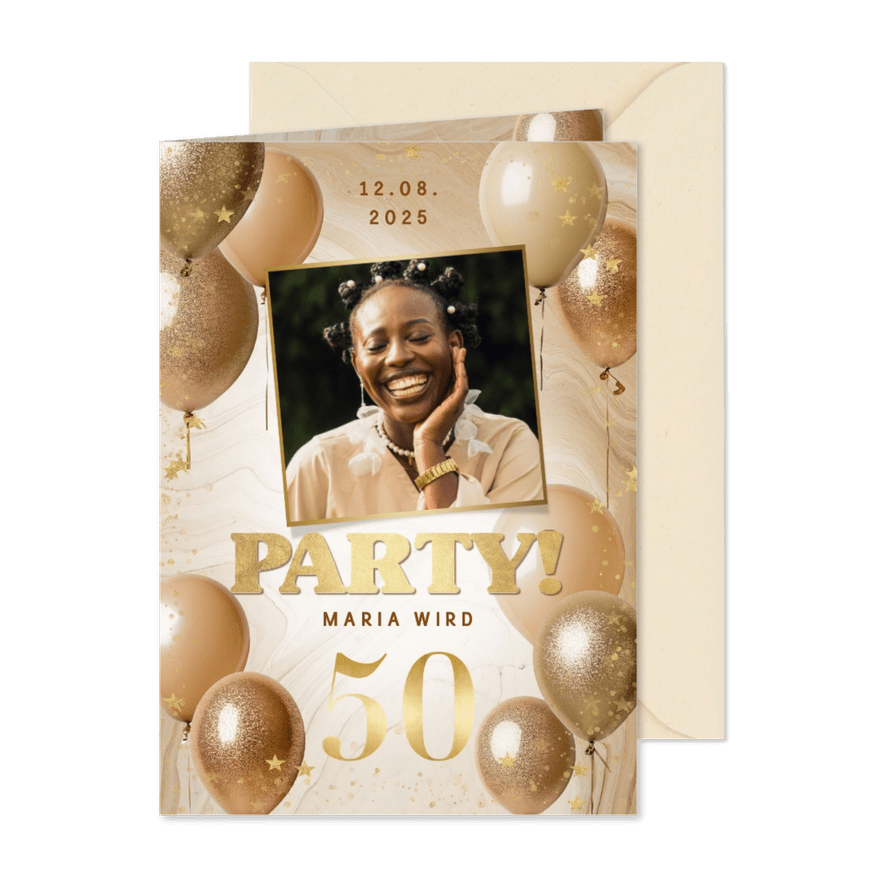 Geburtstagseinladung 50. Geburtstag Gold Glitzer mit Foto - Karteneindruck
