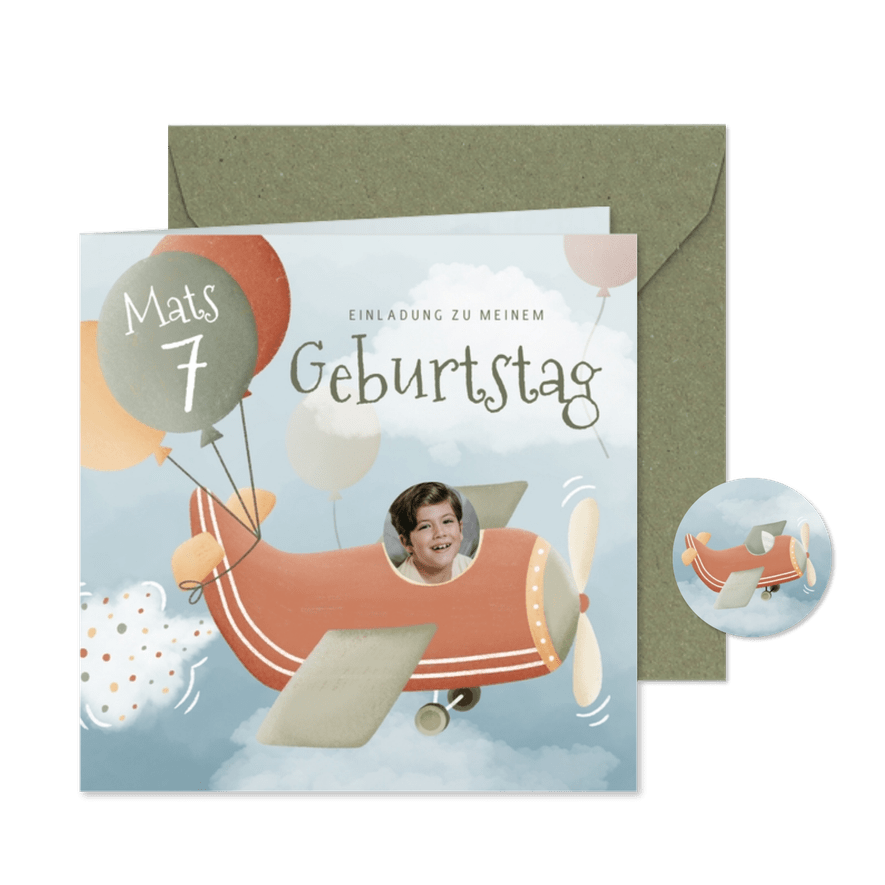 Geburtstagseinladung 7. Kindergeburtstag Flugzeug & Foto - Karteneindruck
