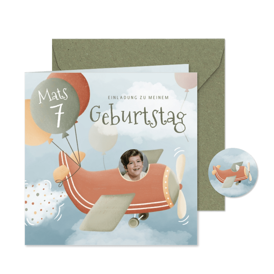 Geburtstagseinladung 7. Kindergeburtstag Flugzeug & Foto - Karteneindruck
