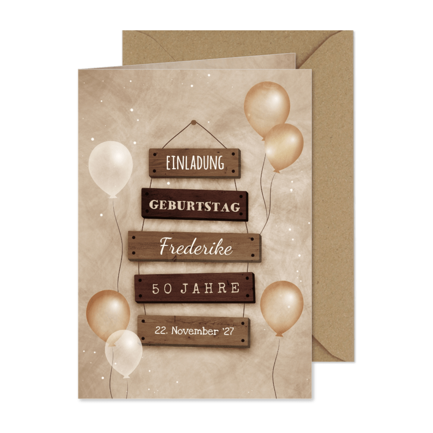 Geburtstagseinladung beige Schilder & Luftballons - Karteneindruck