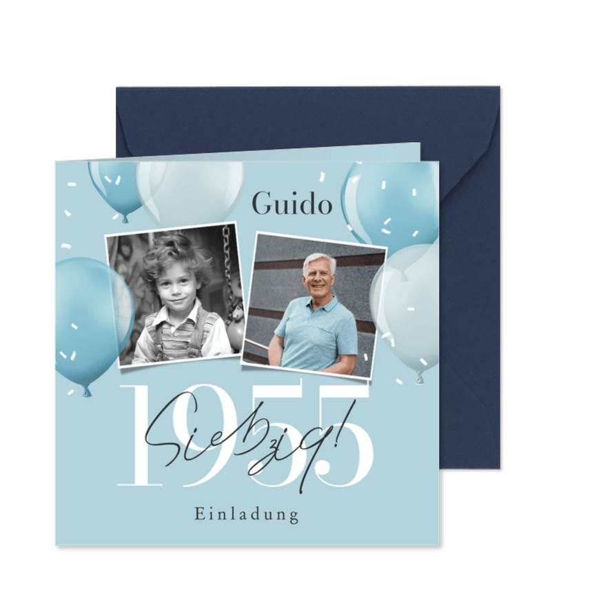 Geburtstagseinladung blaue Ballons & Fotos - Karteneindruck
