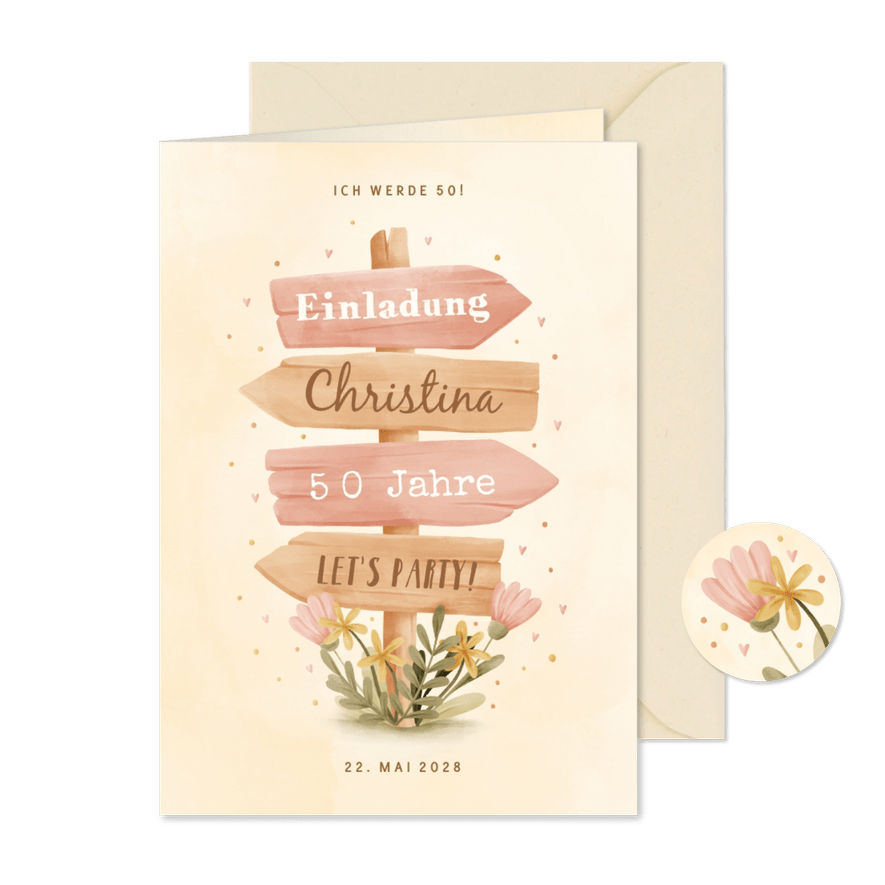 Geburtstagseinladung Blumen und Wegweiser - Karteneindruck