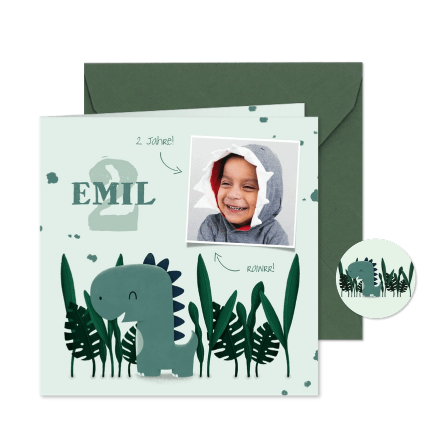 Geburtstagseinladung Dinosaurier-Junge mit Foto 2 Jahre - Karteneindruck
