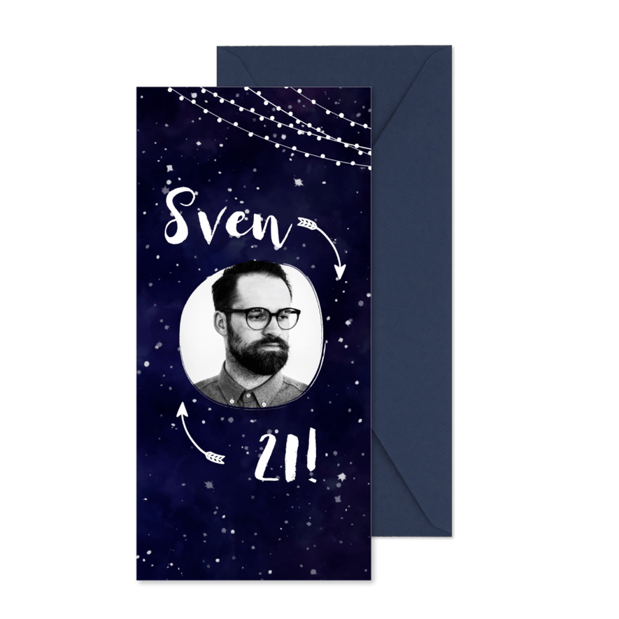 Geburtstagseinladung dunkelblau mit Lichtern und Foto - Karteneindruck
