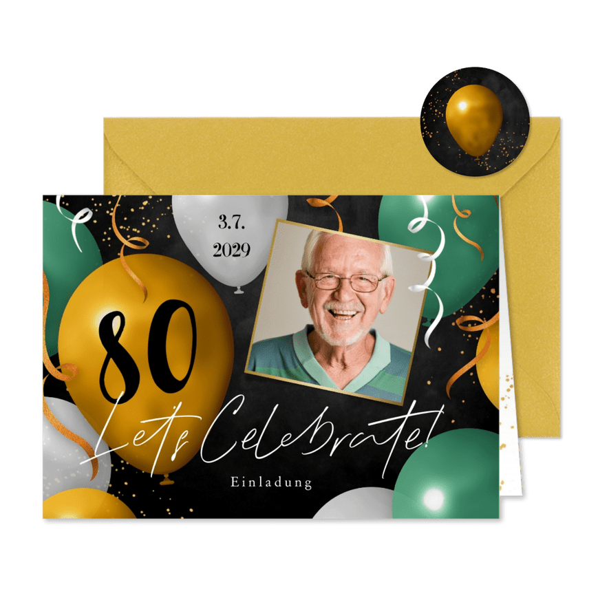 Geburtstagseinladung Foto & grüne Ballons - Karteneindruck