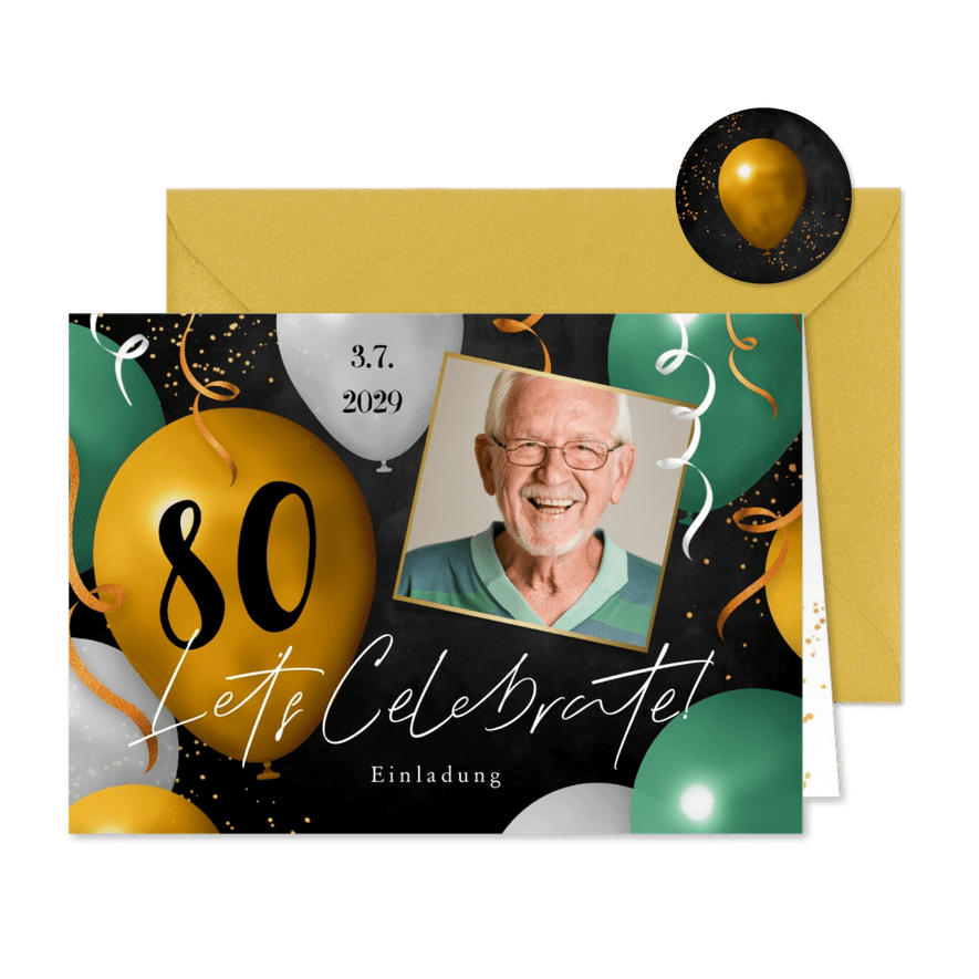 Geburtstagseinladung Foto & grüne Ballons - Karteneindruck