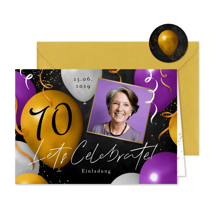 Geburtstagseinladung Foto & lila Ballons - Kartenvorschau
