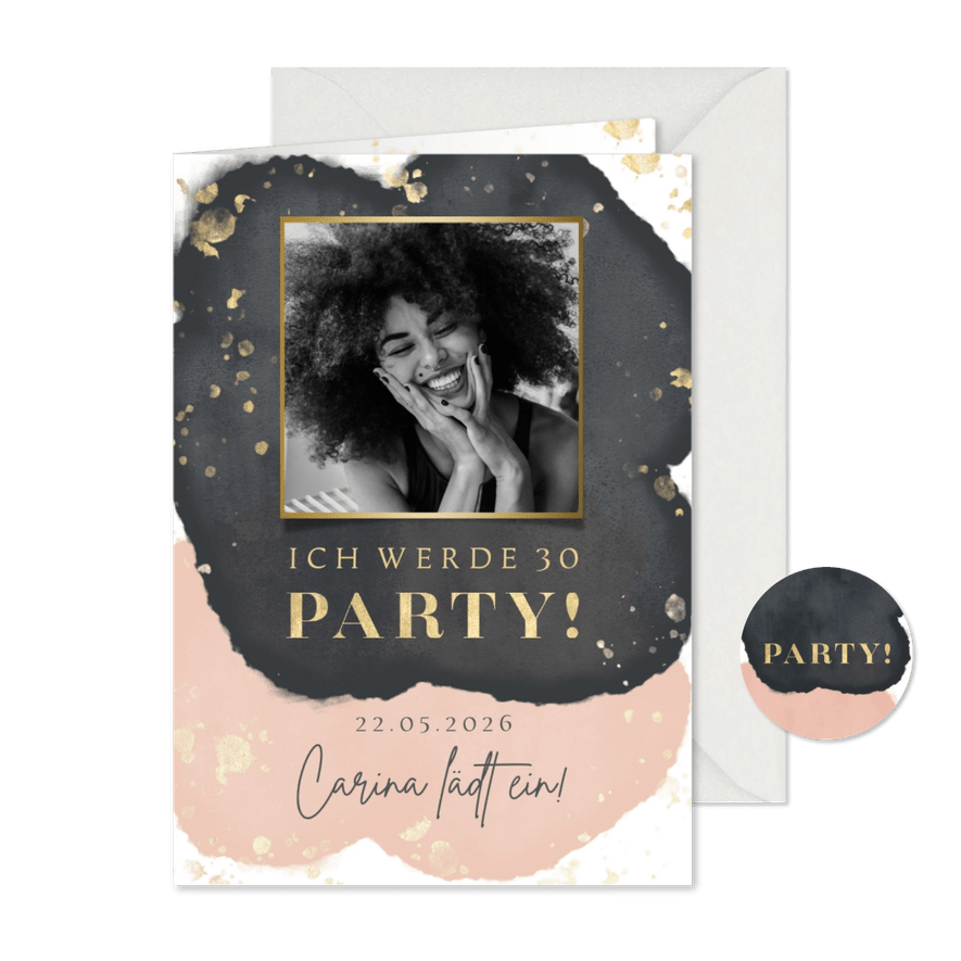 Geburtstagseinladung Foto Wasserfarbe grau & rosa - Karteneindruck