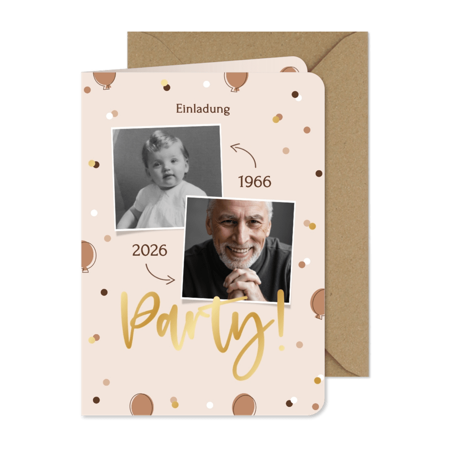 Geburtstagseinladung Fotocollage Luftballons beige - Kartenvorschau