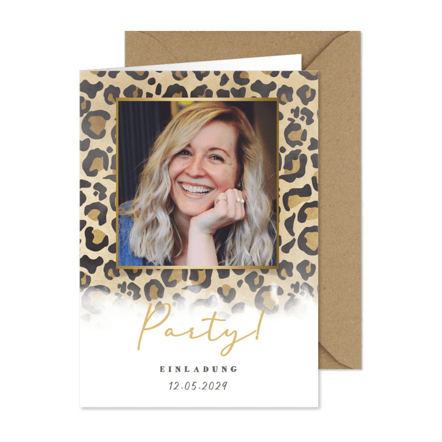 Geburtstagseinladung Fotokarte mit Leopardenmuster - Karteneindruck