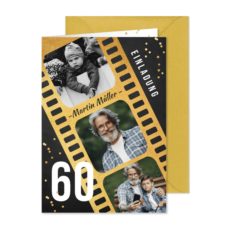 Geburtstagseinladung Fotostreifen und Goldkonfetti - Karteneindruck