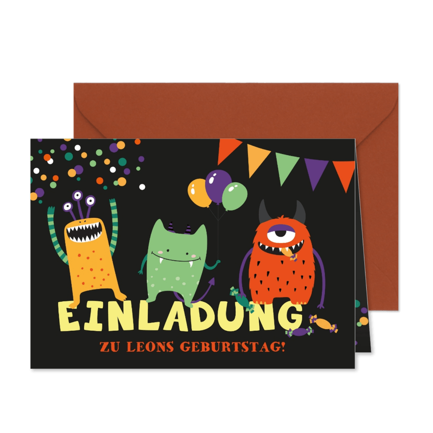 Geburtstagseinladung Kleine Monster 10. Geburtstag - Karteneindruck
