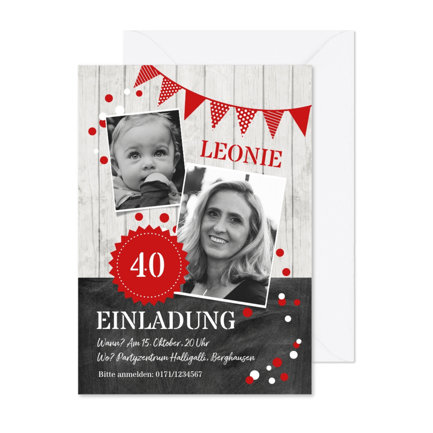 Geburtstagseinladung Kontraste rot mit Foto - Karteneindruck
